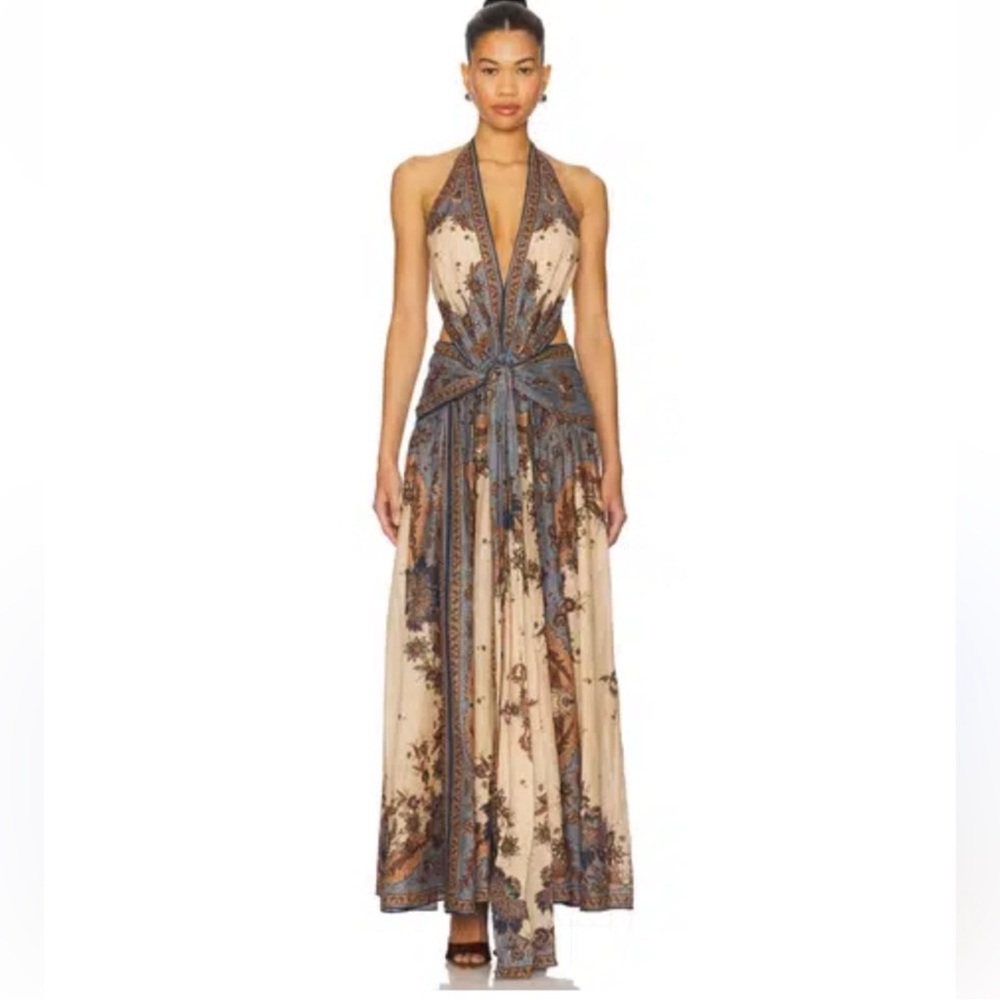 NWOT Zimmermann Beige and Blue Paisley Halter Tie-Waist Maxi Dress - Picture 2 of 12